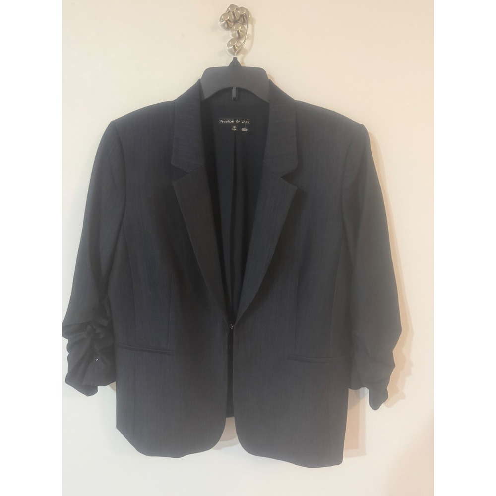 Preston & York Womens Charcoal Gray Ruched 3/4 Sleeve Open Front Blazer Size 16